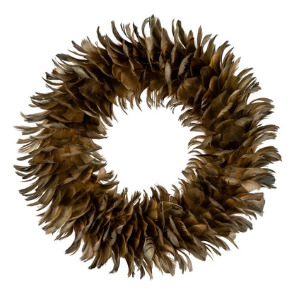 Feather wreath with brown and beige feathers on a white background