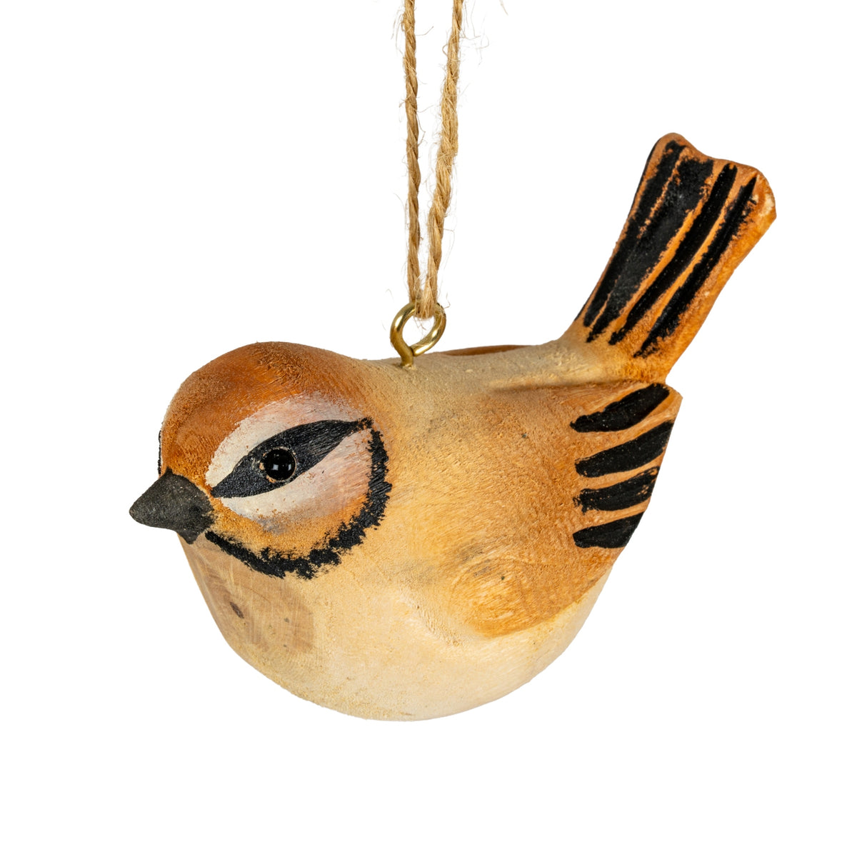 Wooden bird ornament with a string on a white background