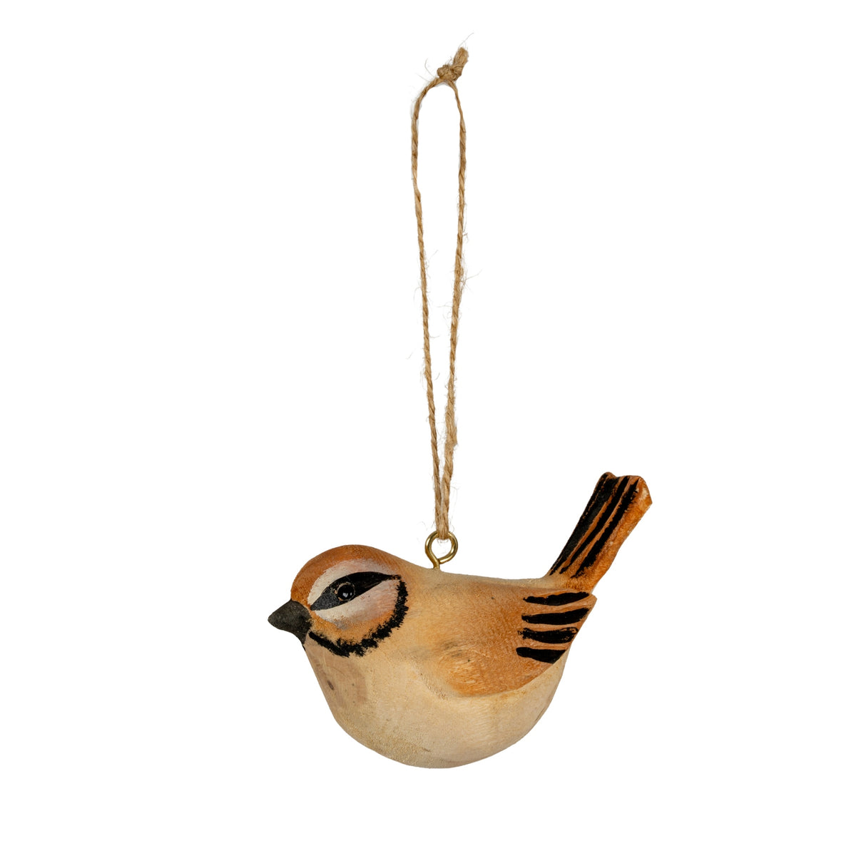 Wooden bird ornament with a string on a white background