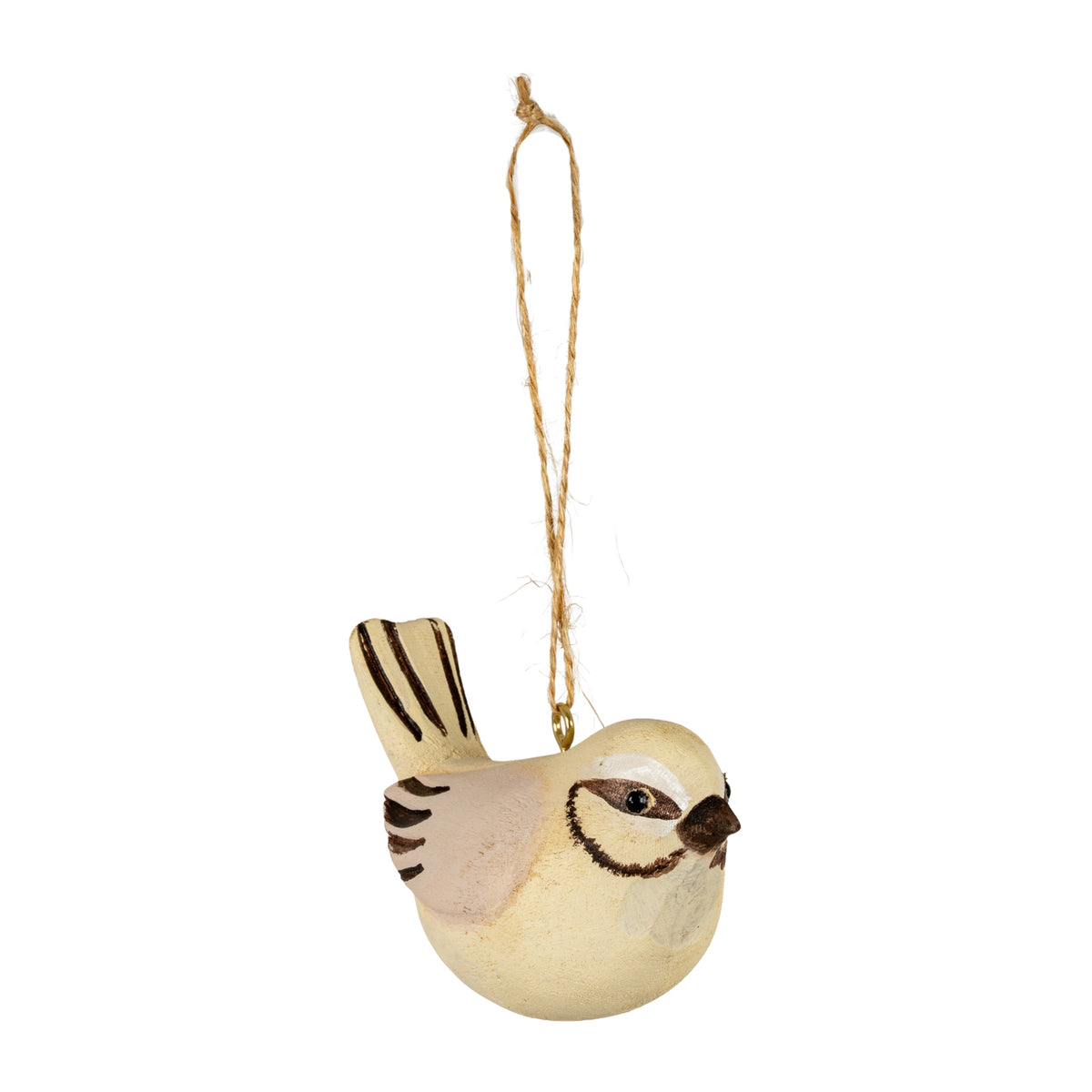 Decorative bird ornament hanging on a white background