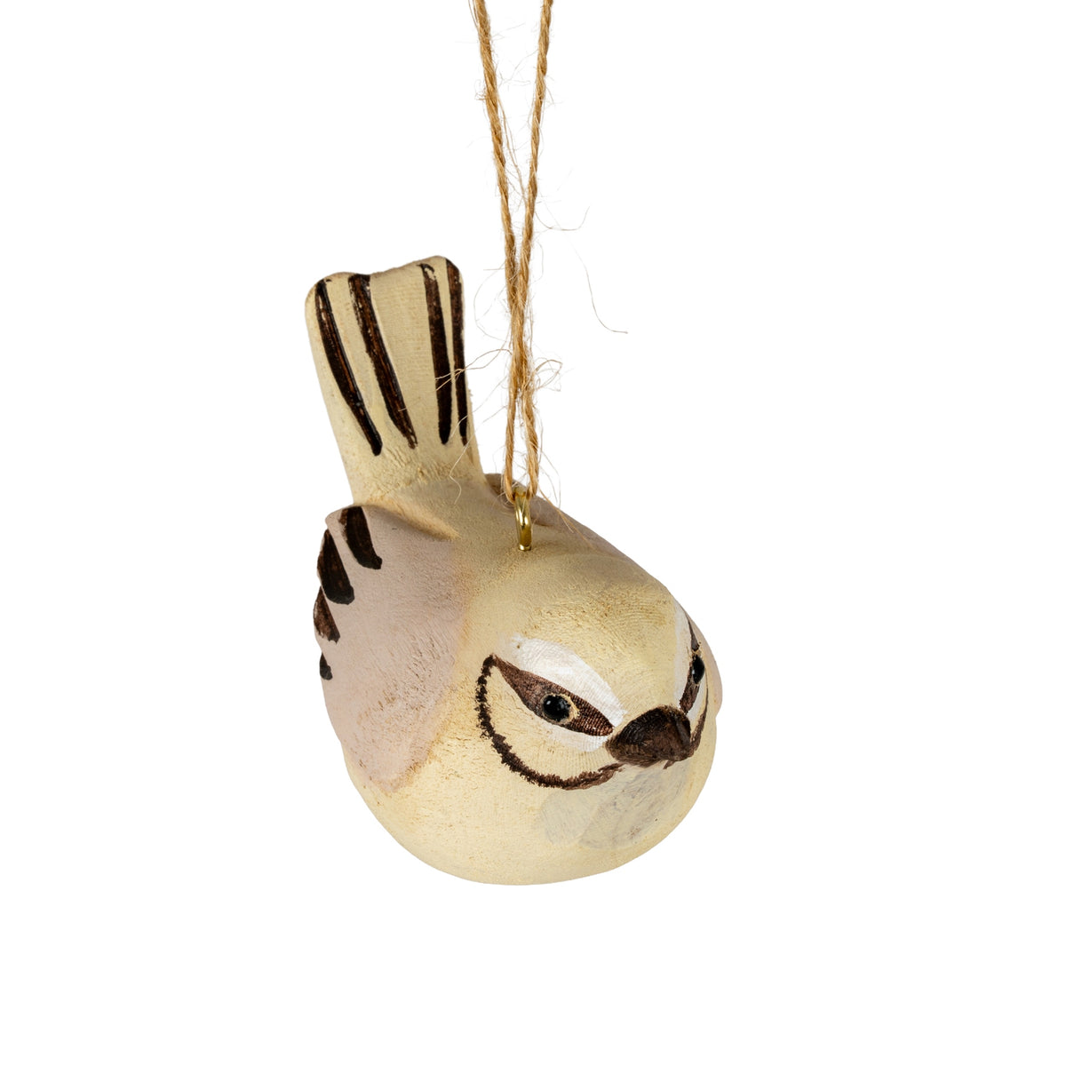 Wooden bird ornament hanging on a white background