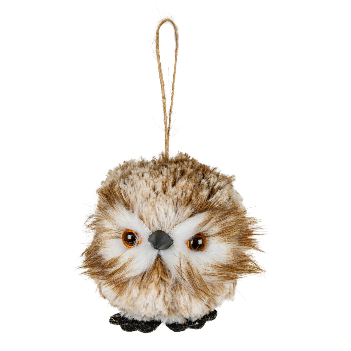 Plush owl ornament with a string on a white background