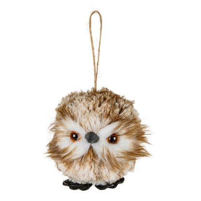 Plush owl ornament with a string on a white background