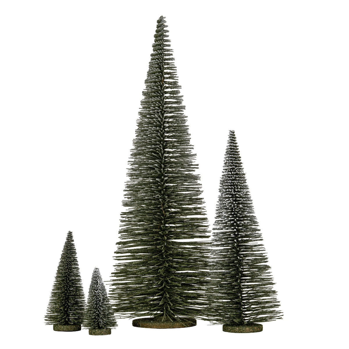 Set of four metallic silver Christmas trees on a white background