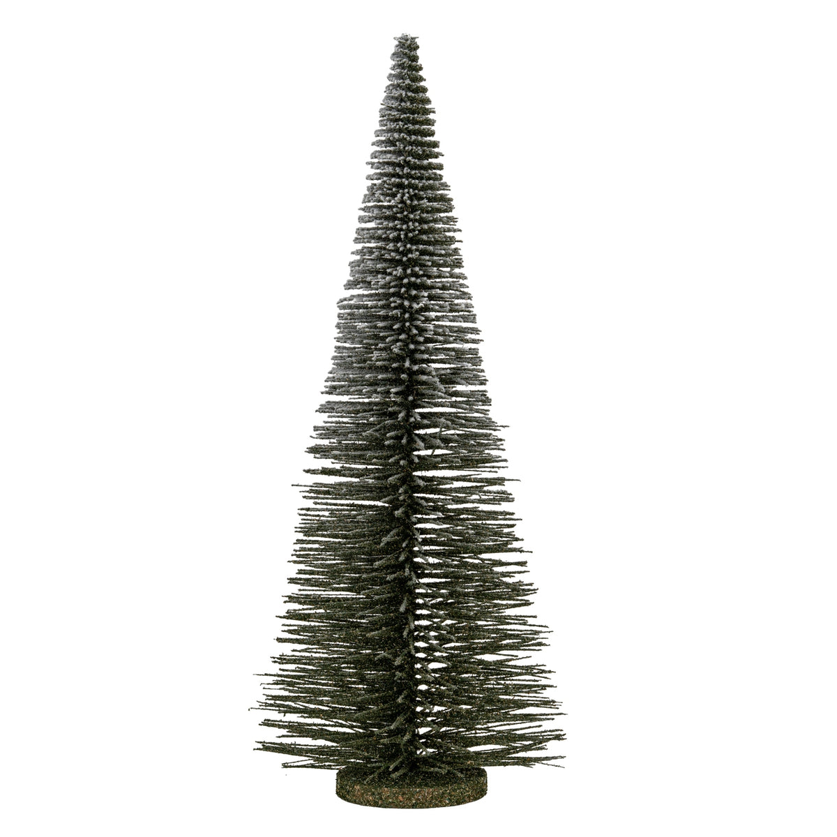 A tall, conical artificial Christmas tree with dark green bristle-like branches and a light dusting of white faux snow, standing on a round textured base against a plain white background.
