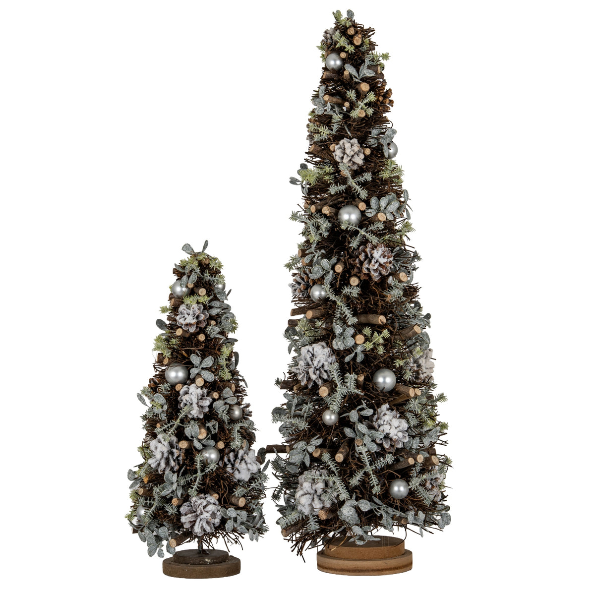 Two decorative Christmas trees with artificial snow and ornaments on a white background
