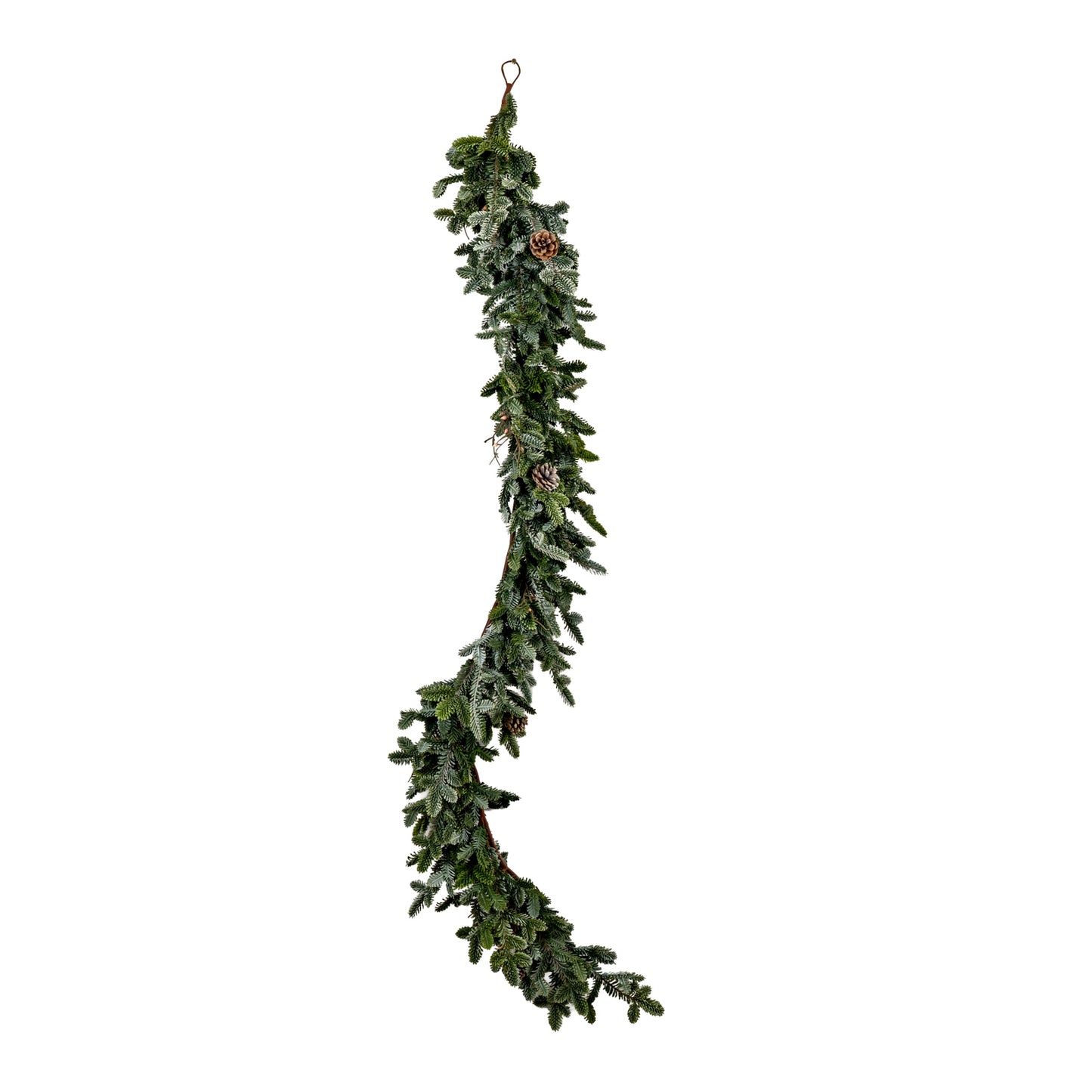 A hanging artificial evergreen garland with a rustic metal loop at the top, decorated with small pinecones and a light dusting of white faux snow, shown against a plain white background.