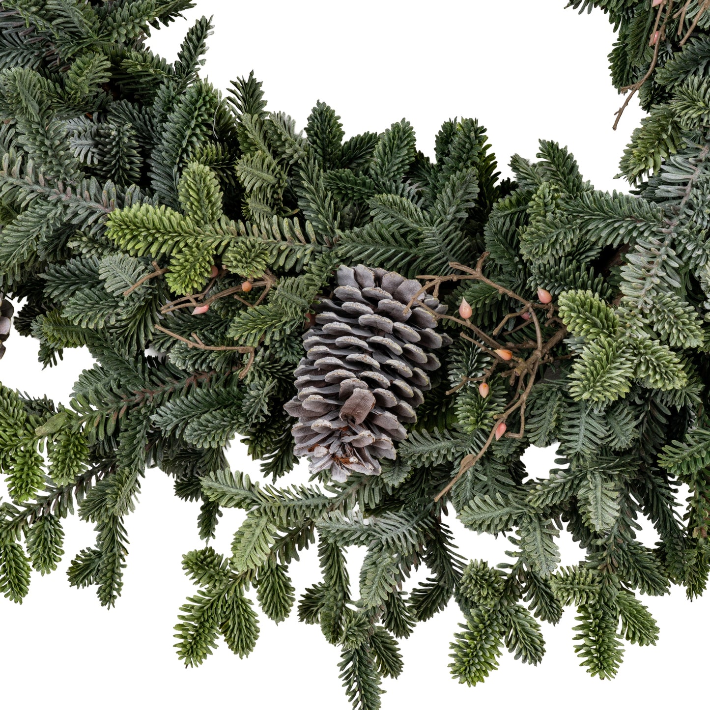 Artificial Christmas garland with pine cones on a white background