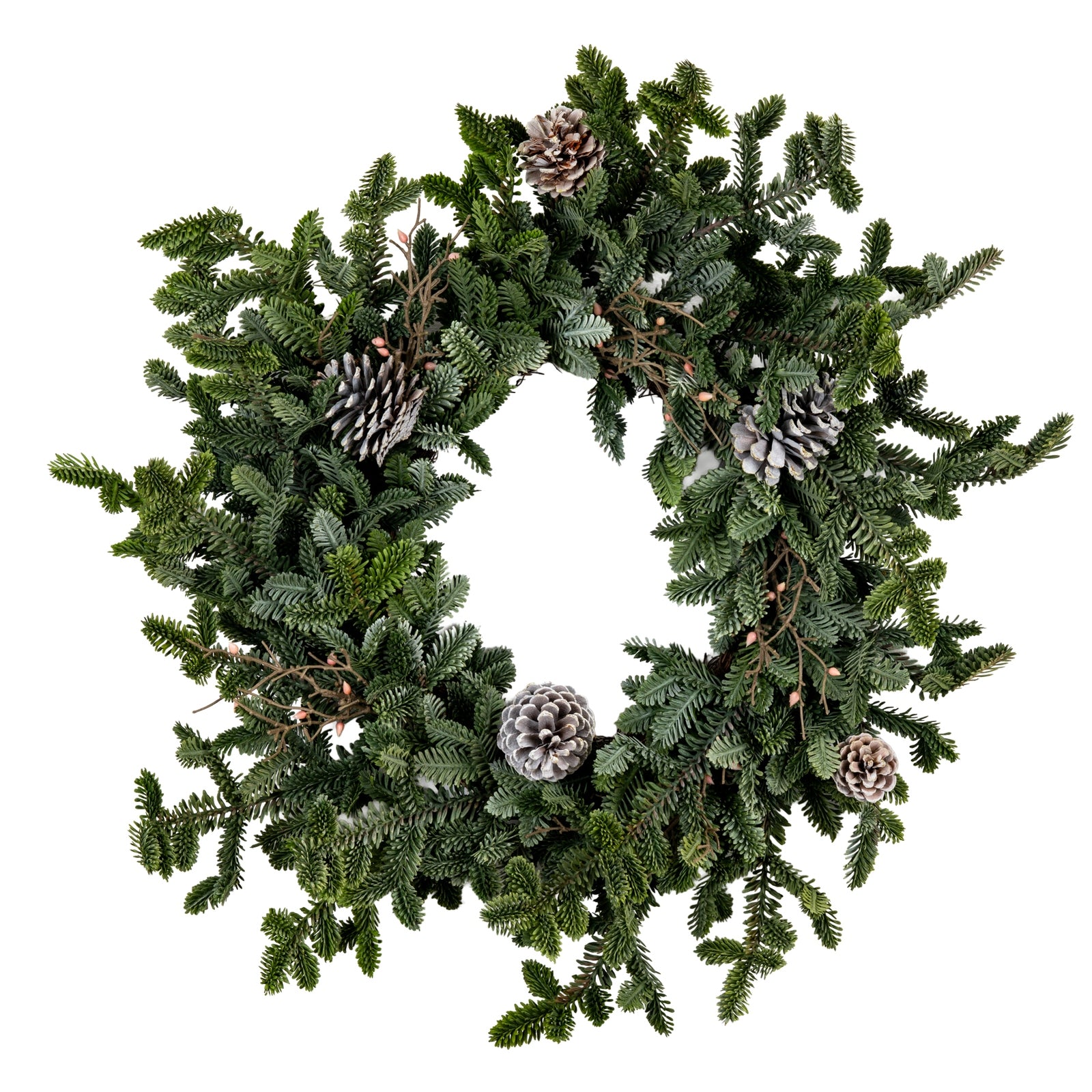 Green Christmas wreath with pine cones on a white background