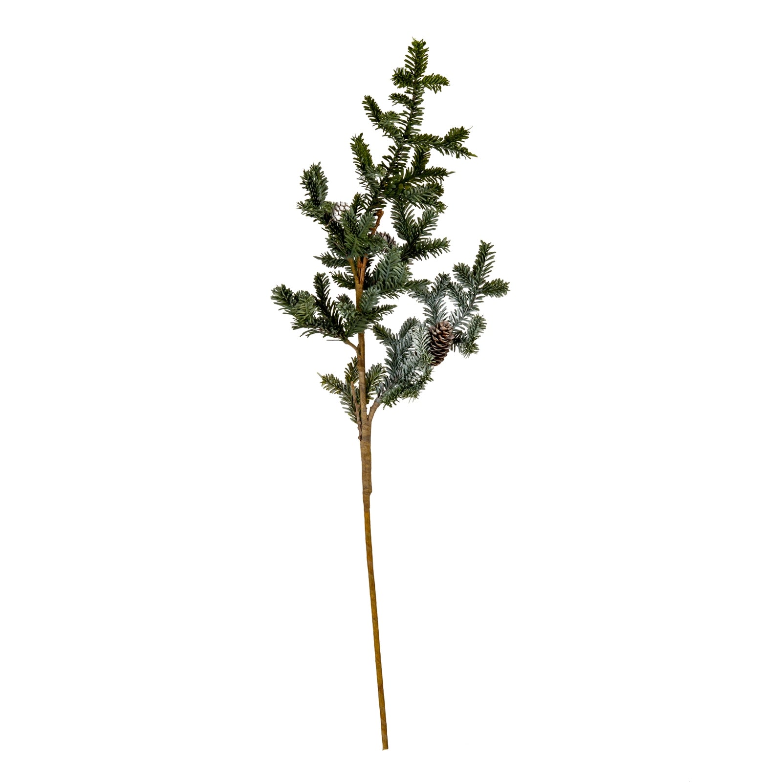 A single artificial evergreen branch with green needles, a few small pinecones, and light snow-like dusting, attached to a long brown stem, isolated on a white background.