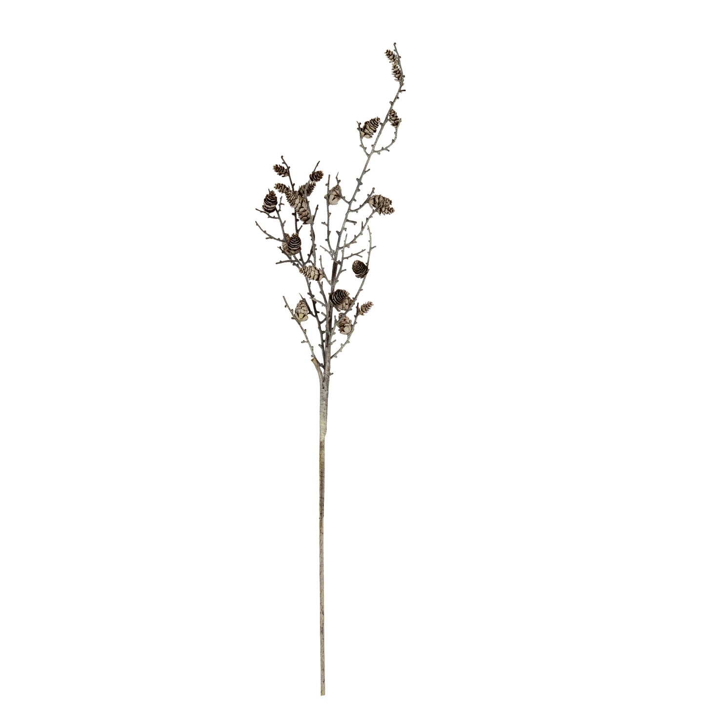A single artificial decorative branch with brown pinecones and small dried leaves on a long stem, isolated on a white background.