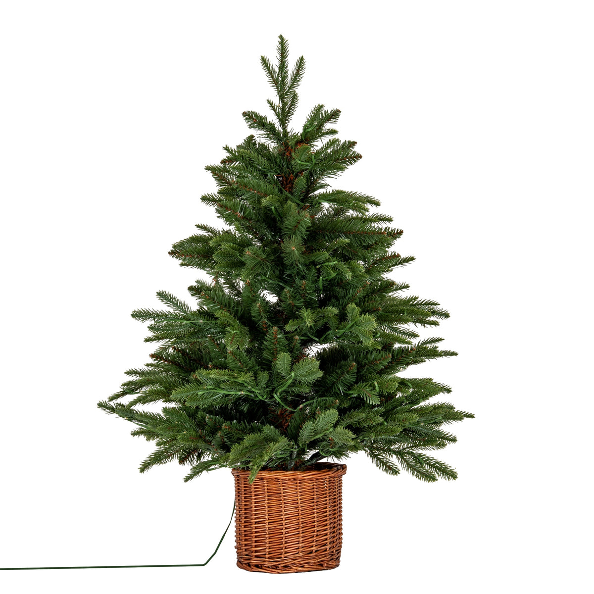 Potted Christmas tree with a wicker basket on a white background