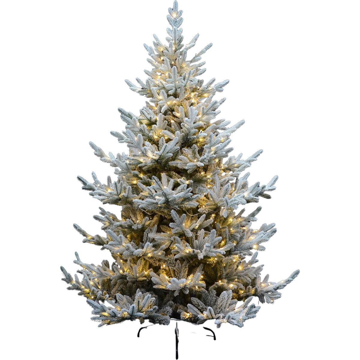 Frosted Christmas tree with lights on a white background