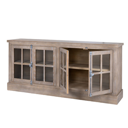 Wooden entertainment console with glass doors on a white background