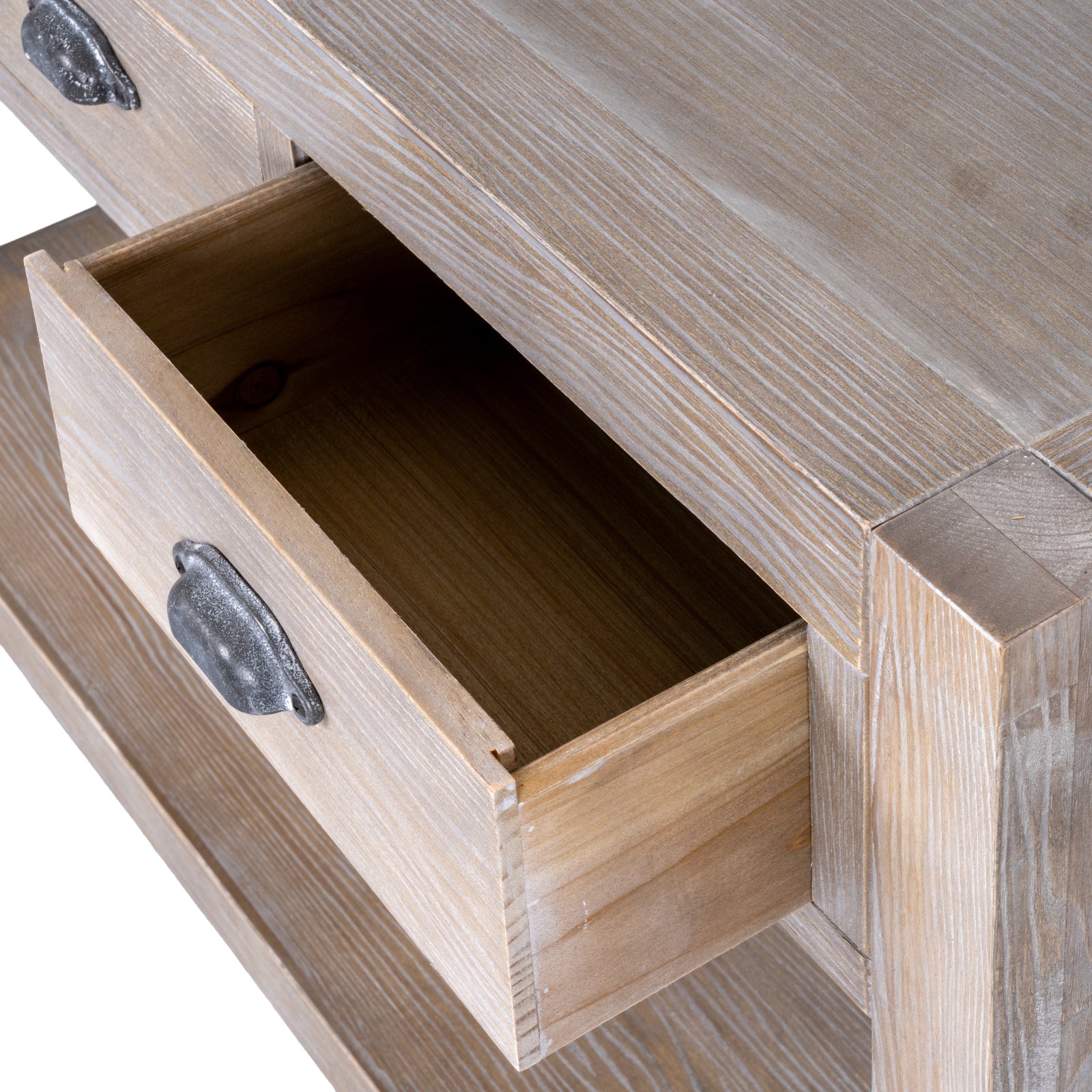 Wooden drawer with metal handle on a white background