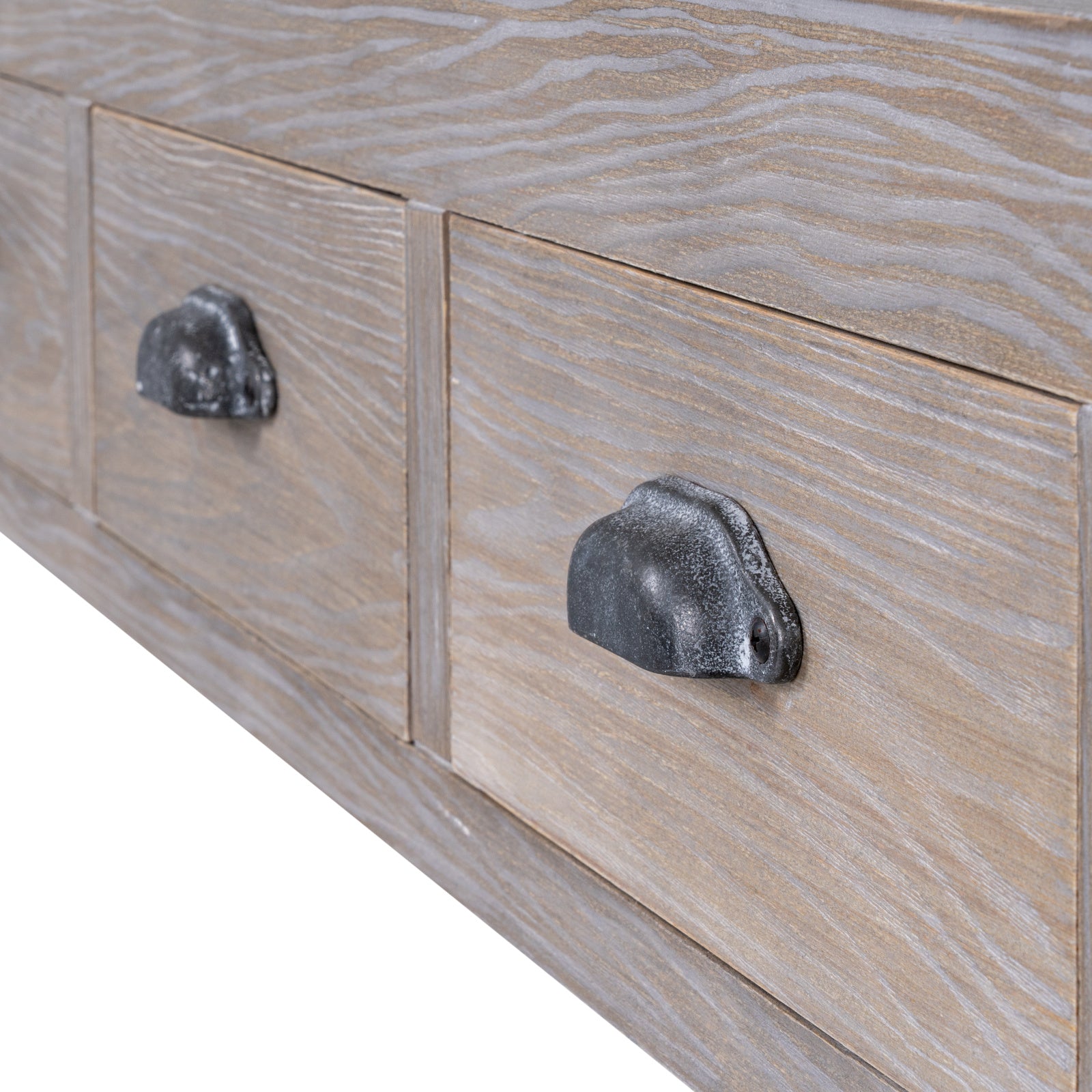 Wooden drawer with metal handles on a white background