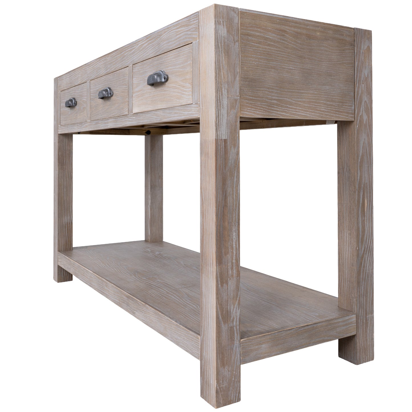 Wooden side table with two drawers on a white background