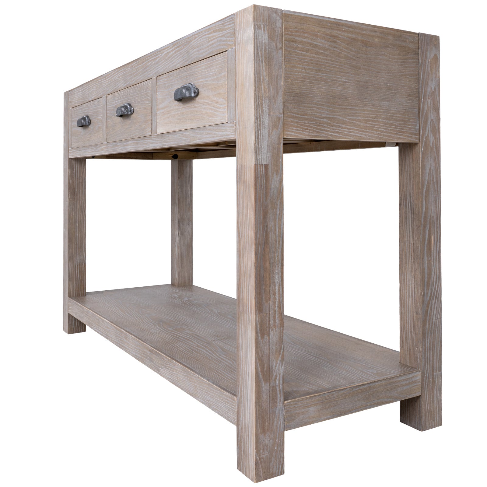 Wooden side table with two drawers on a white background