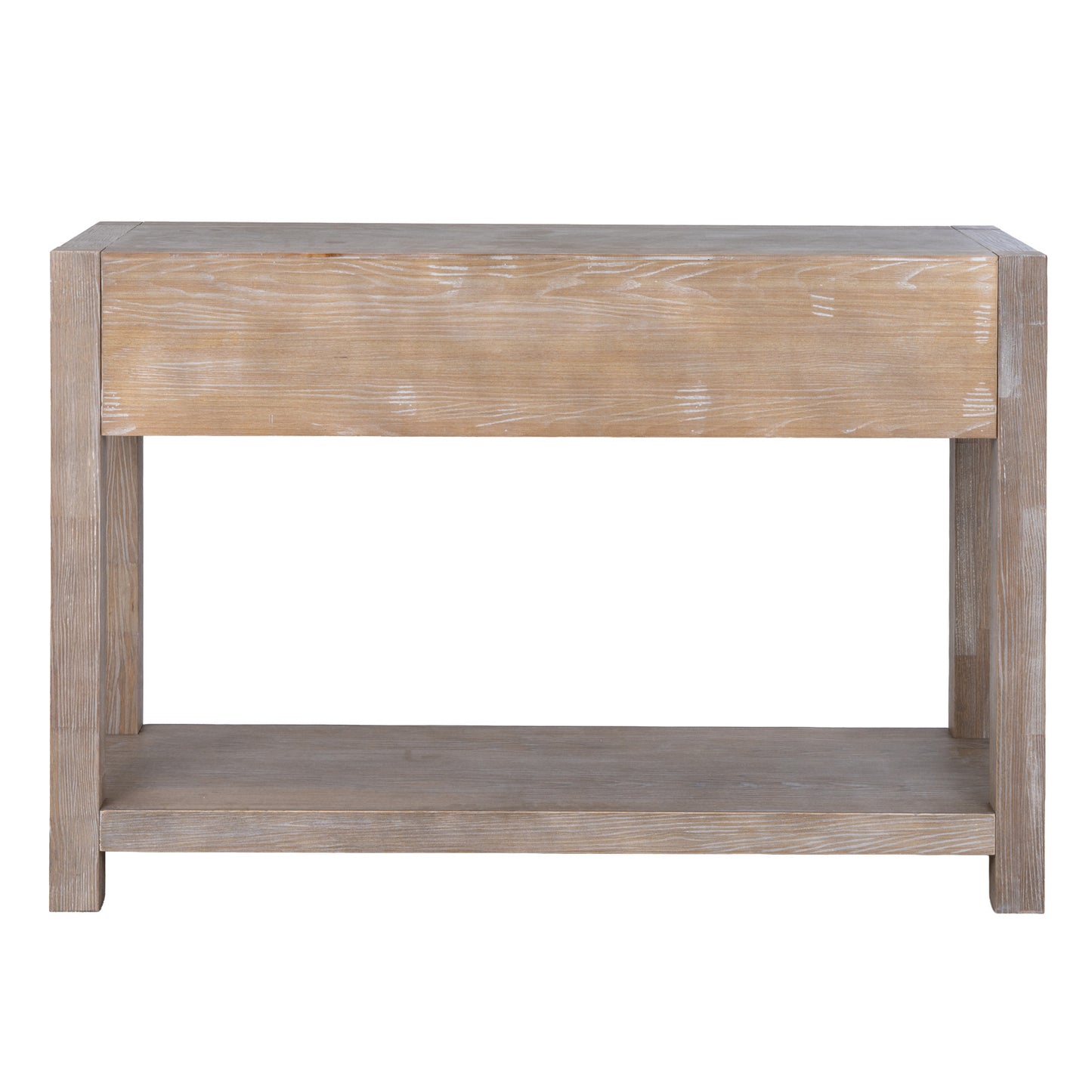 Wooden console table with a single drawer on a white background