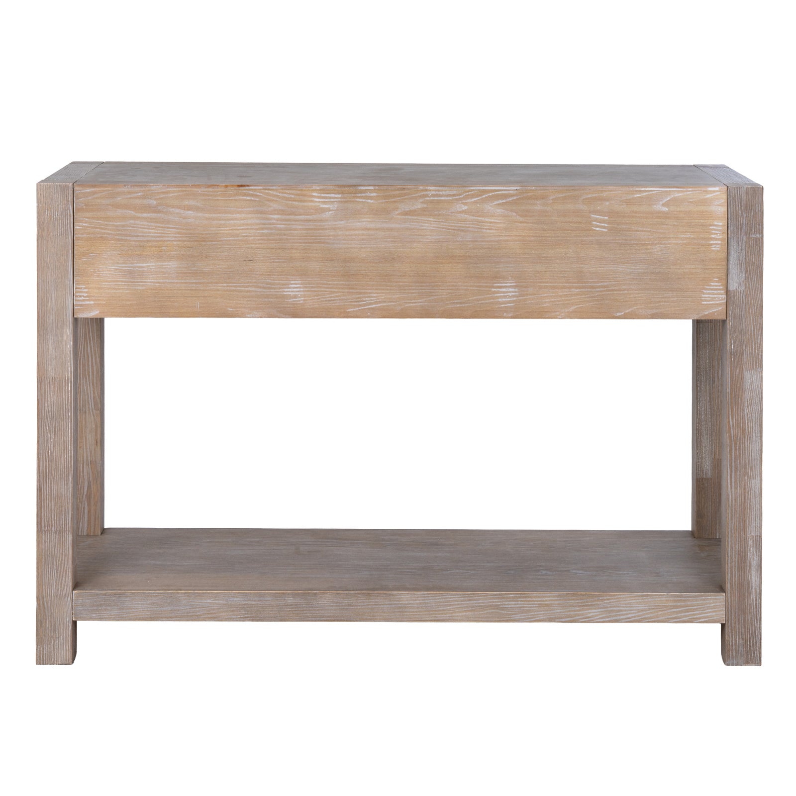 Wooden console table with a single drawer on a white background
