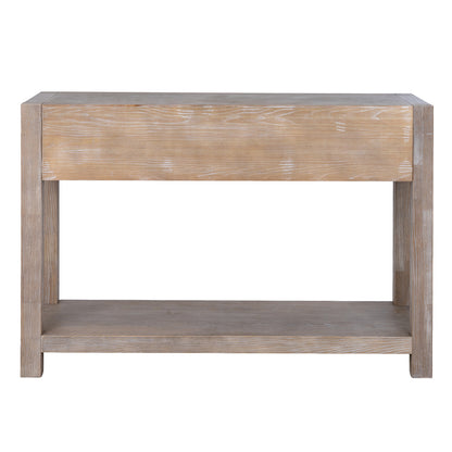 Wooden console table with a single drawer on a white background