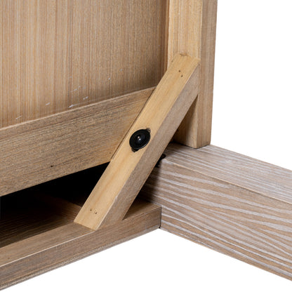 Close-up of a wooden furniture piece with a visible joint and screw.