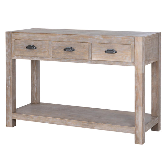 Wooden console table with three drawers on a white background