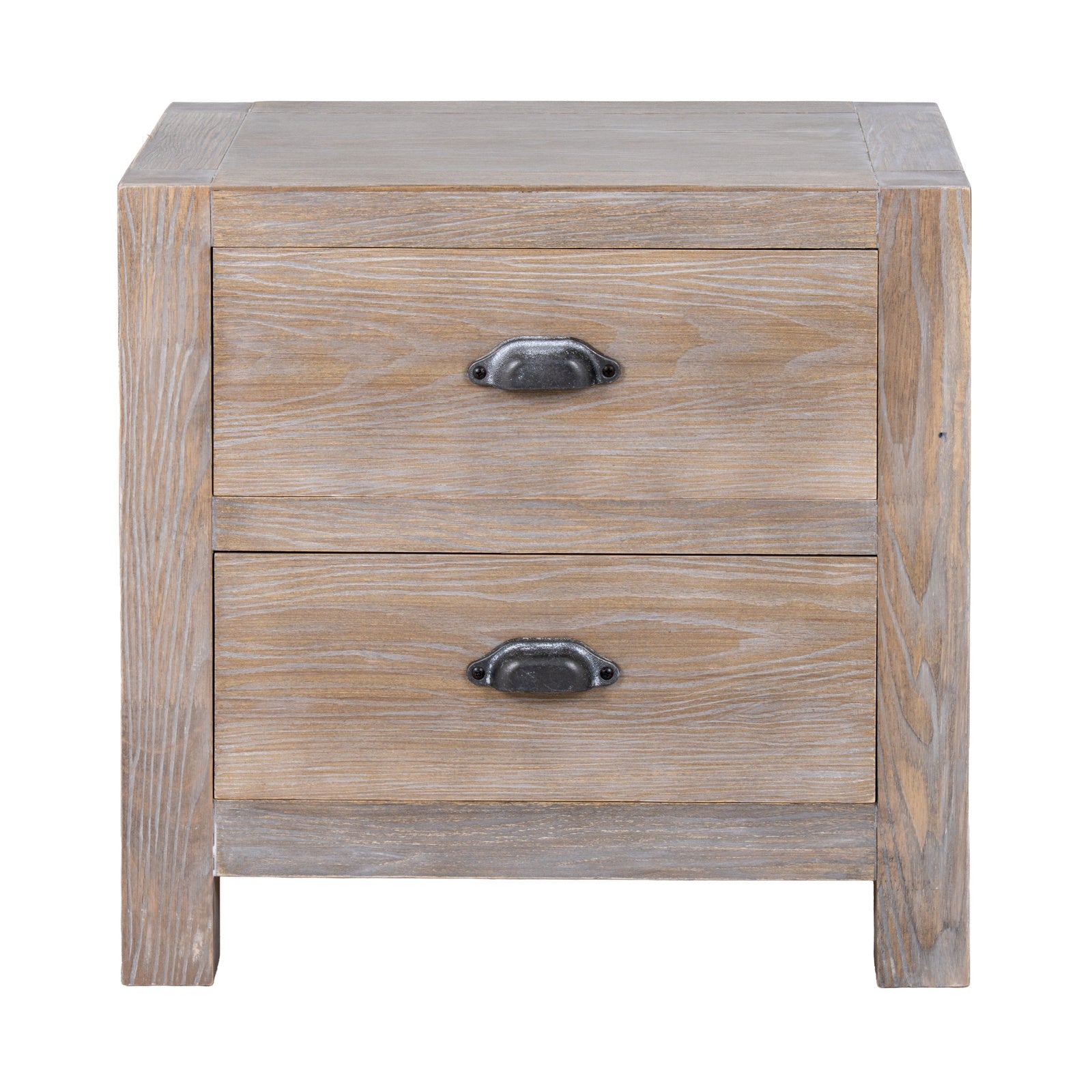 Wooden nightstand with two drawers on a white background