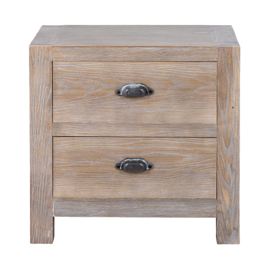 Wooden nightstand with two drawers on a white background