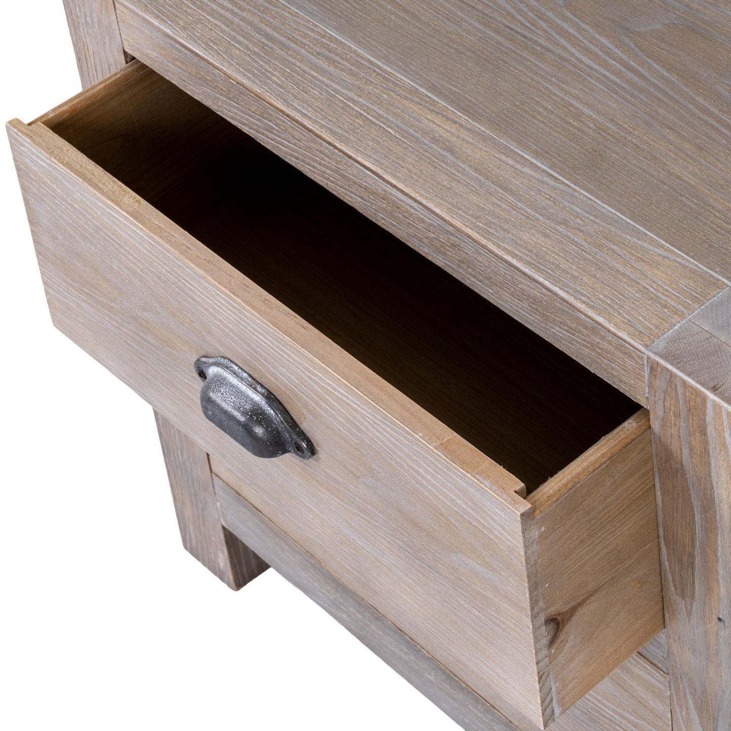 Wooden drawer with metal handle on a white background