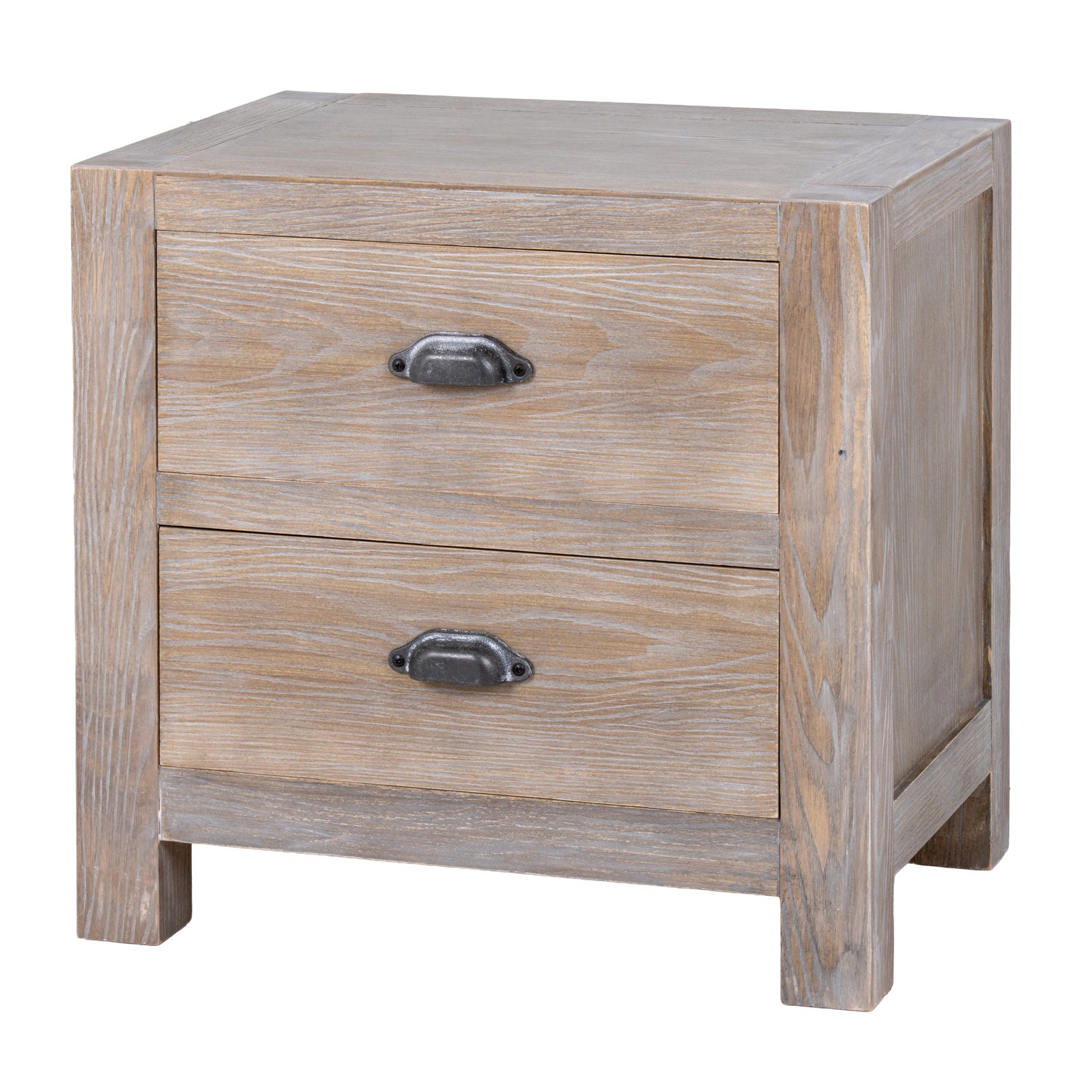 Wooden nightstand with two drawers on a white background