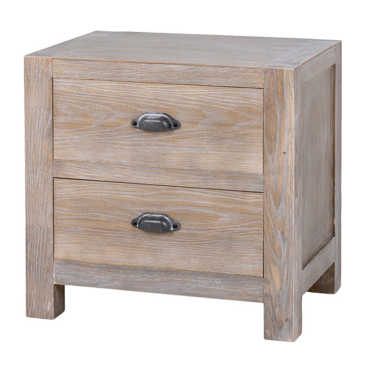 Wooden nightstand with two drawers on a white background