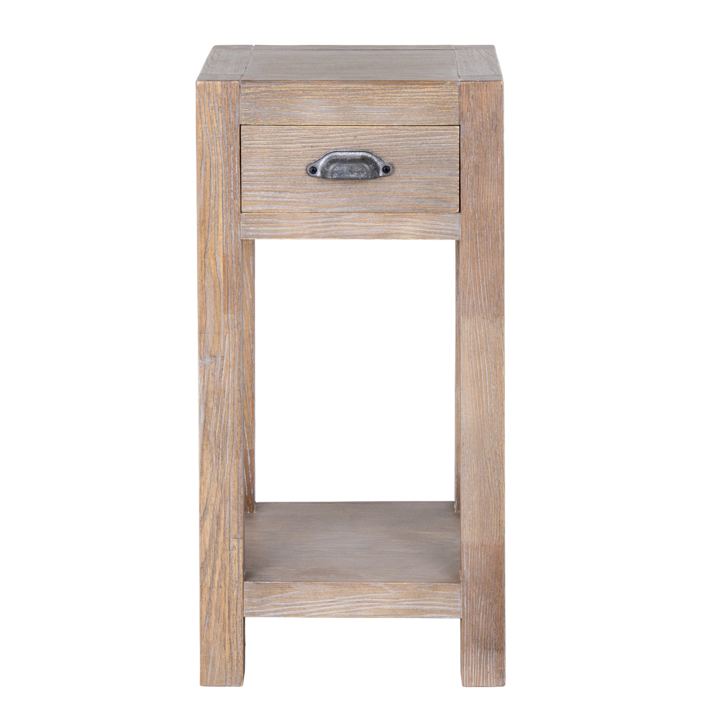 Wooden side table with a drawer and shelf on a white background