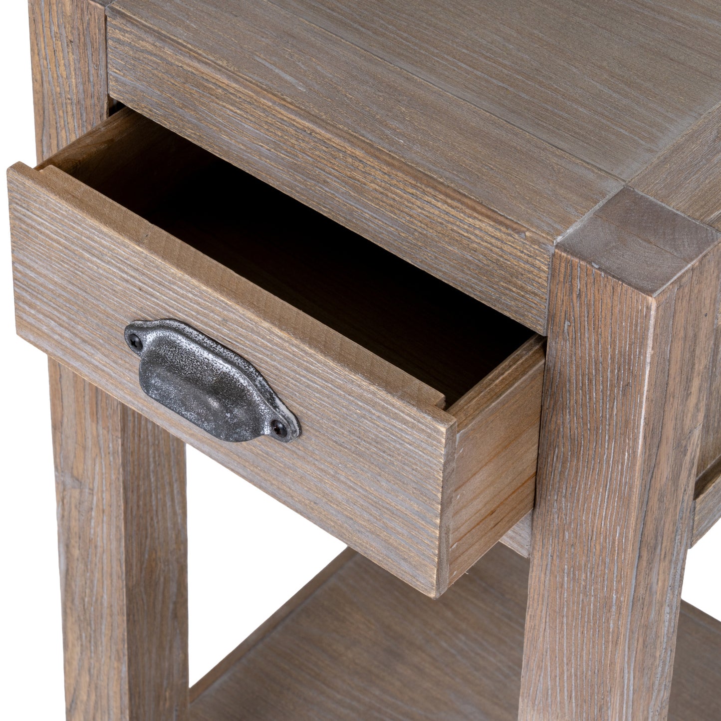 Wooden side table with a drawer and metal handle on a white background