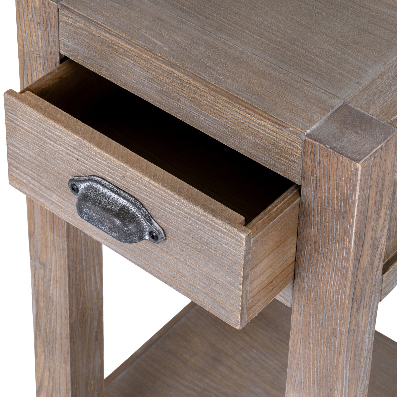 Wooden side table with a drawer and metal handle on a white background