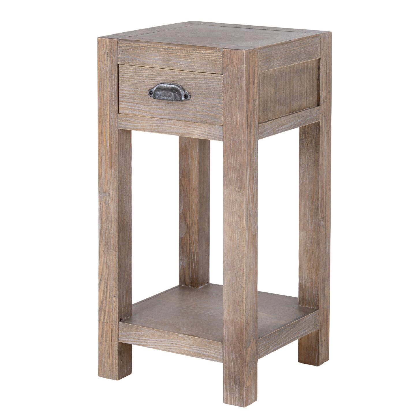 Wooden side table with a drawer on a white background