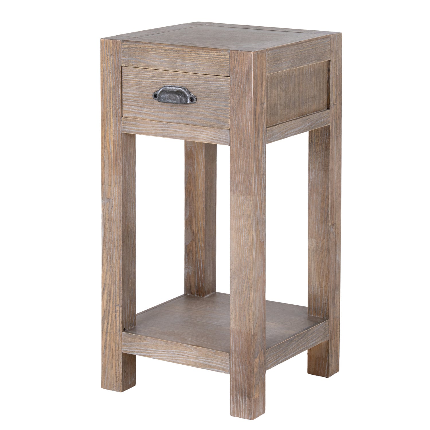 Wooden side table with a drawer on a white background