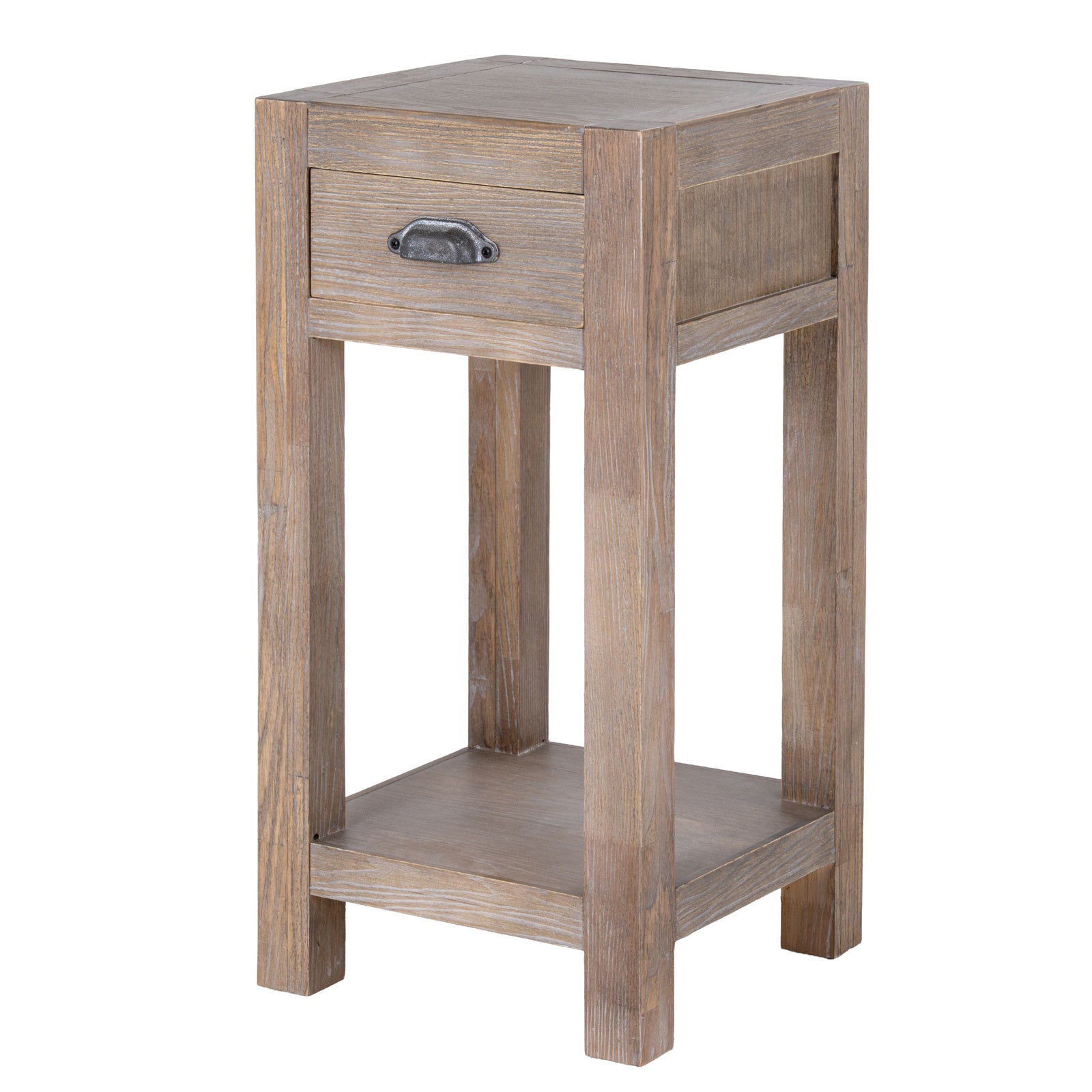 Wooden side table with a drawer on a white background