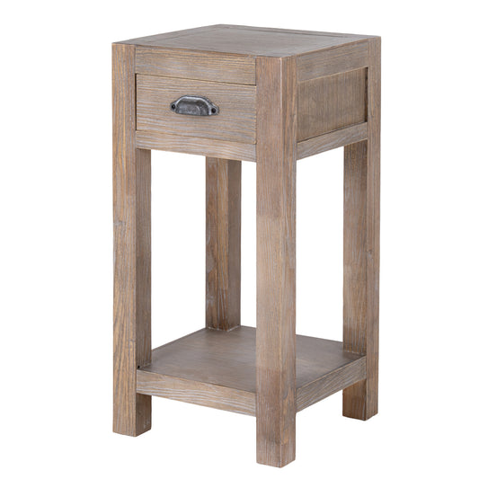 Wooden side table with a drawer on a white background