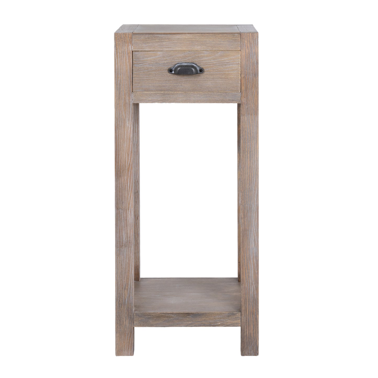 Wooden side table with a drawer on a white background