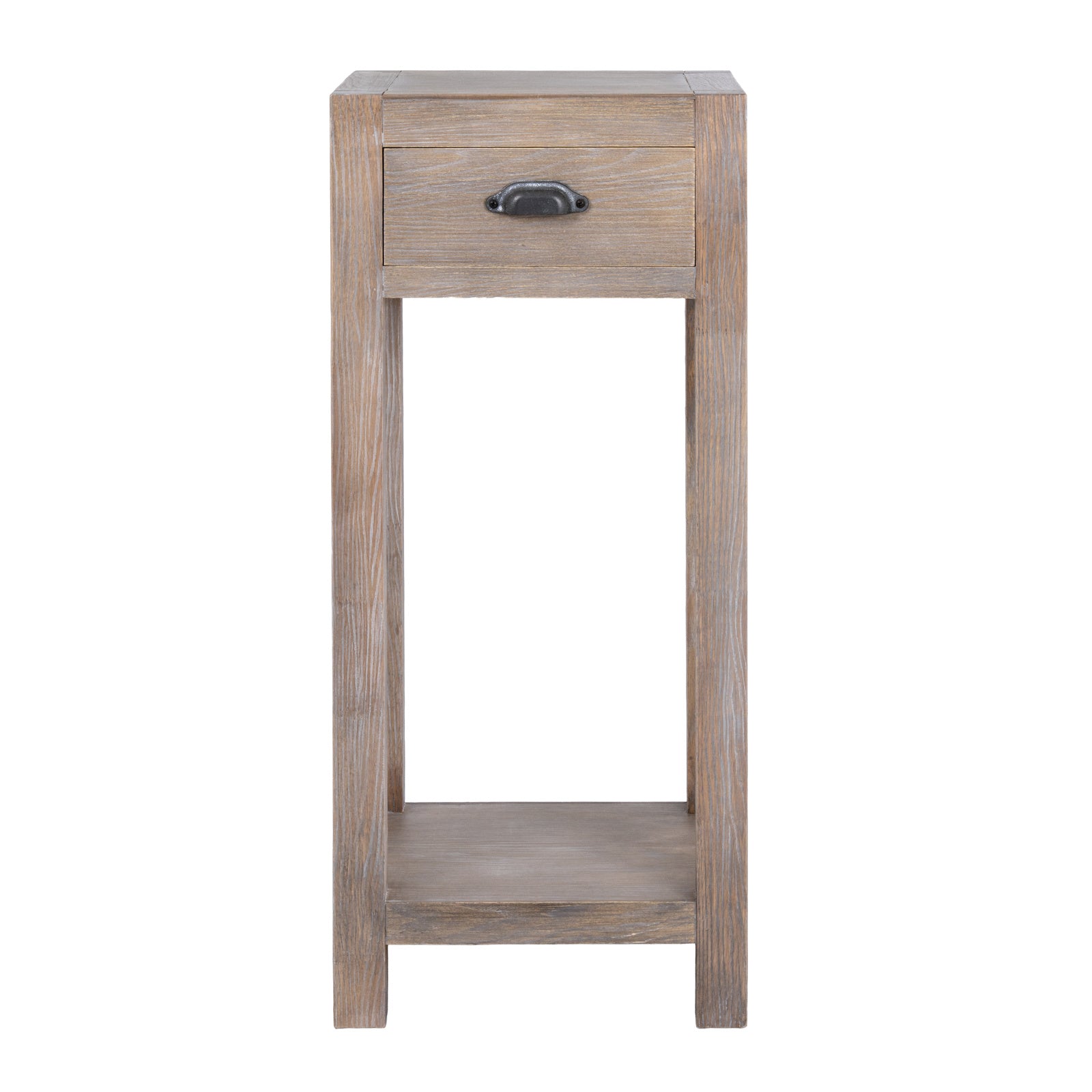 Wooden side table with a drawer on a white background