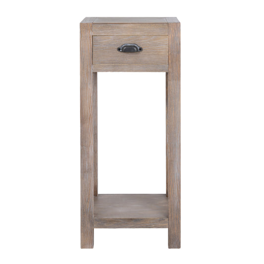 Wooden side table with a drawer on a white background