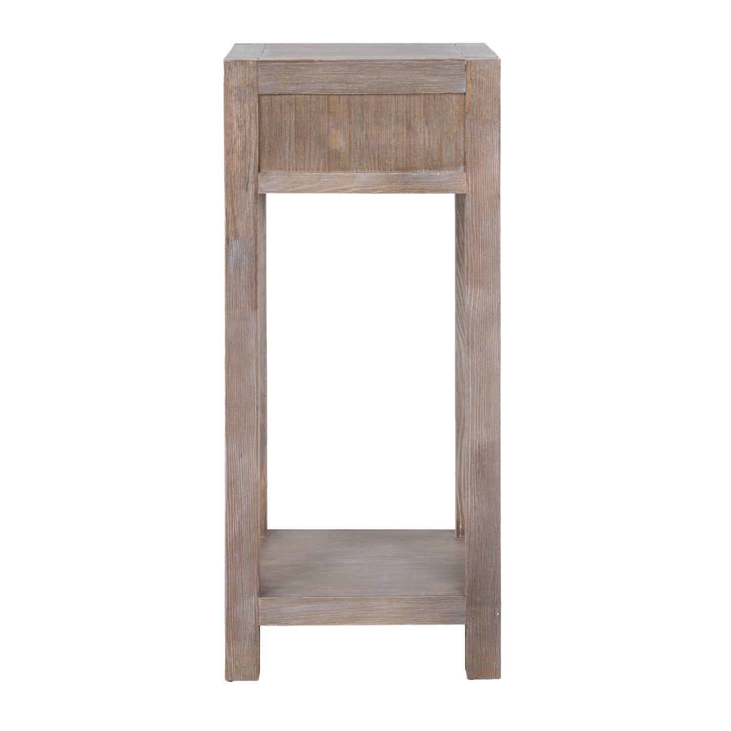 Wooden side table with a single drawer on a white background