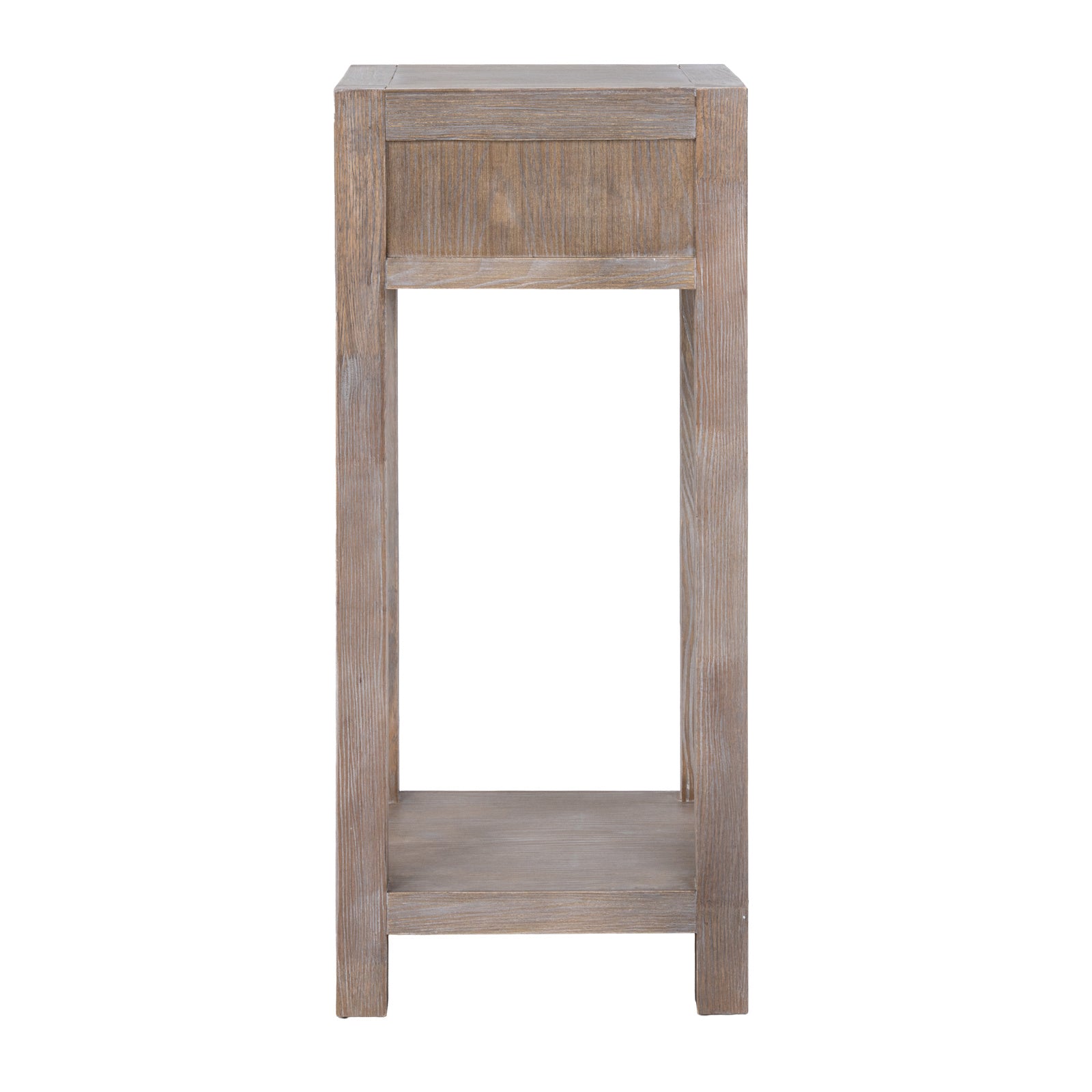 Wooden side table with a single drawer on a white background
