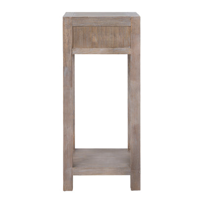 Wooden side table with a single drawer on a white background
