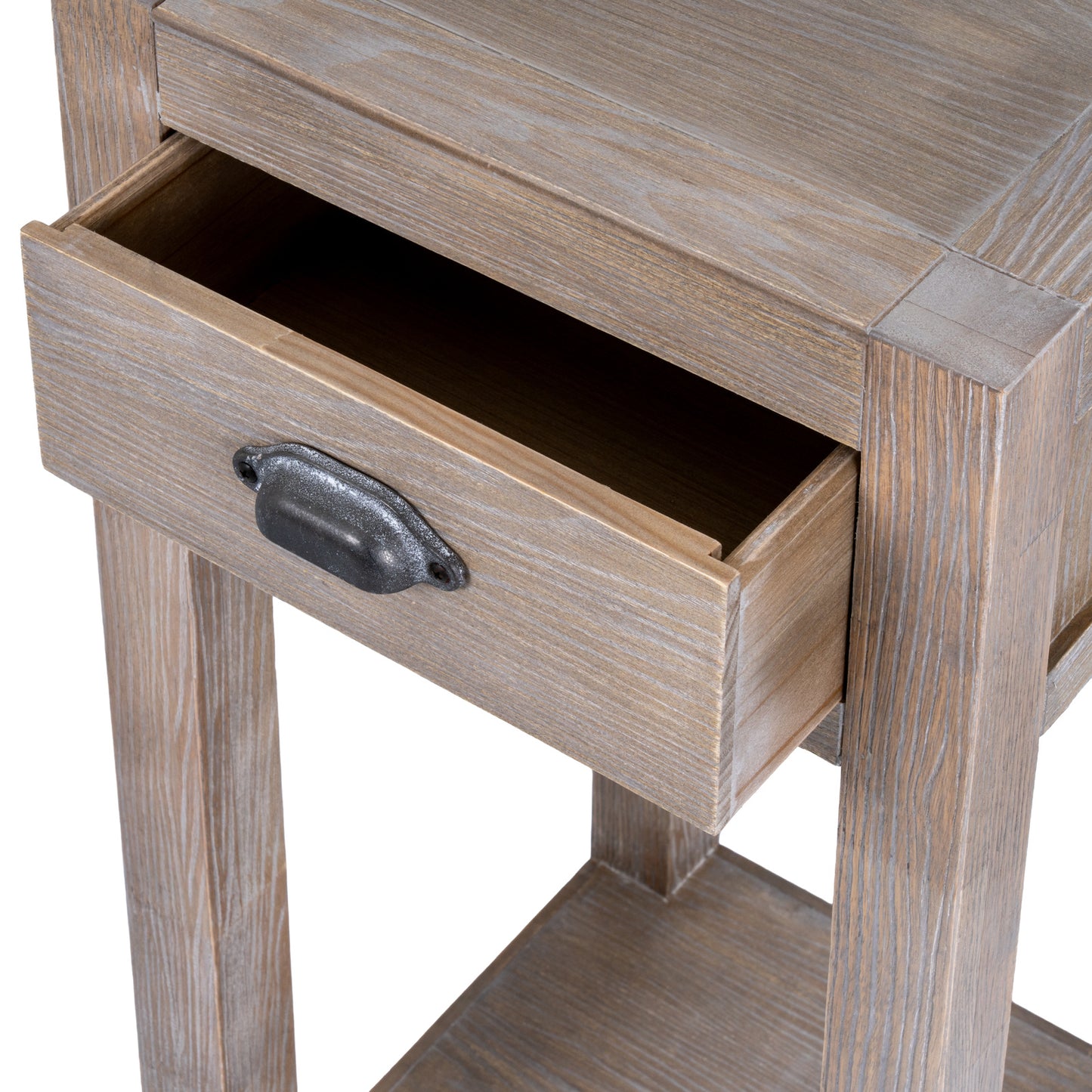 Wooden side table with a drawer and metal handle on a white background