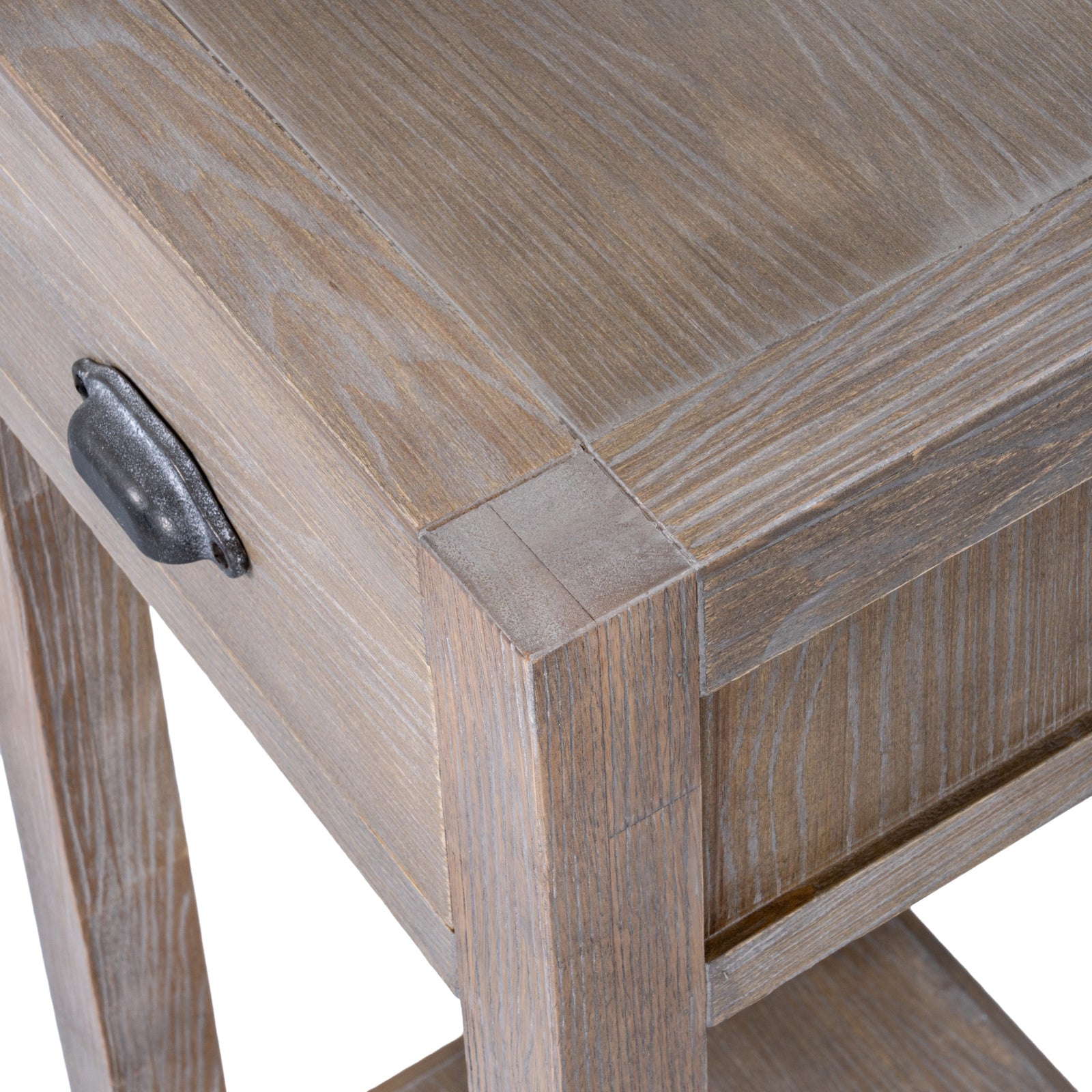 Wooden side table with a metal handle on a white background