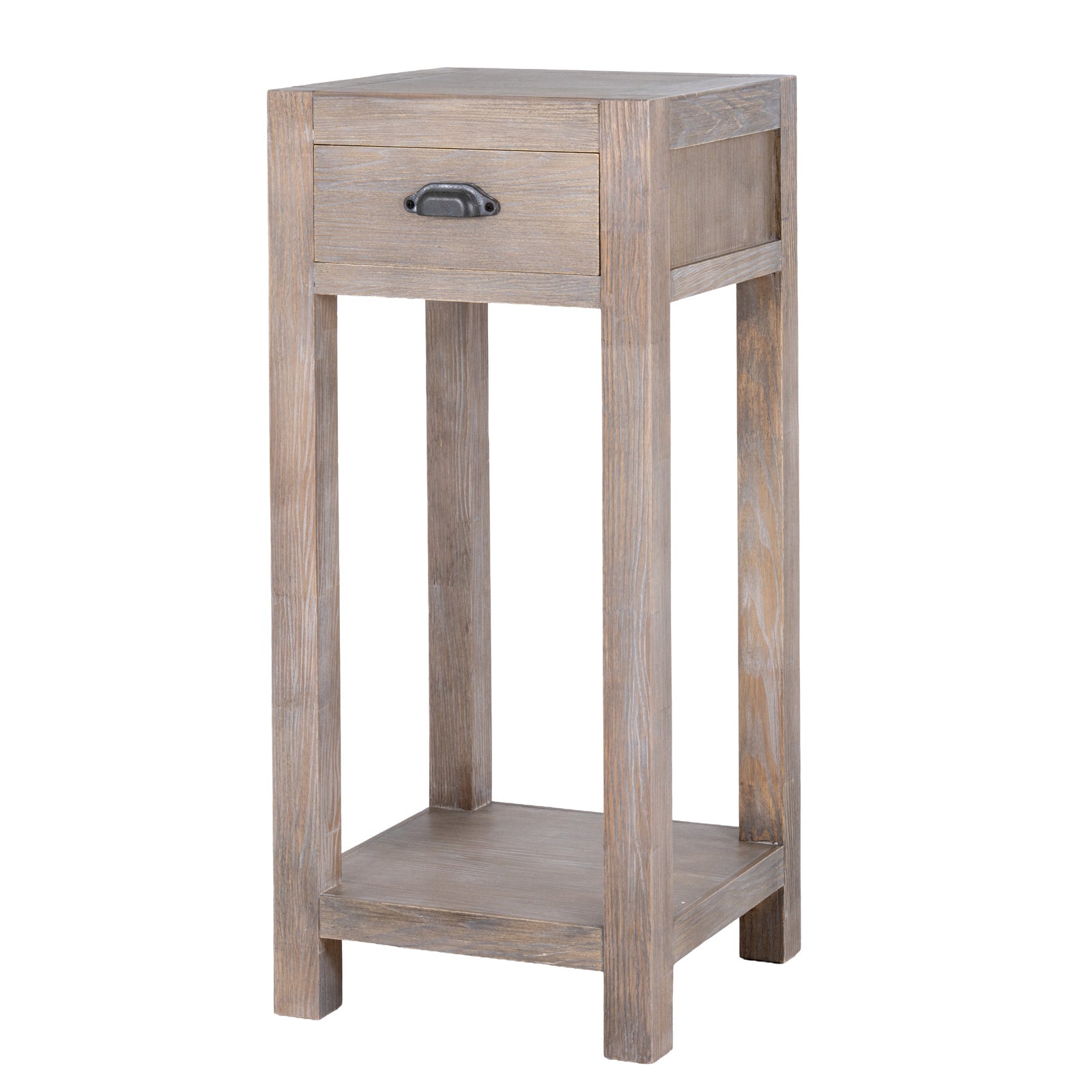Wooden side table with a drawer on a white background