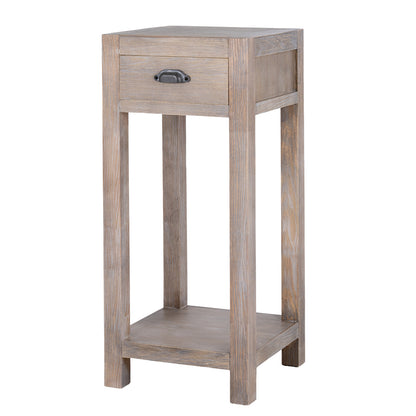 Wooden side table with a drawer on a white background