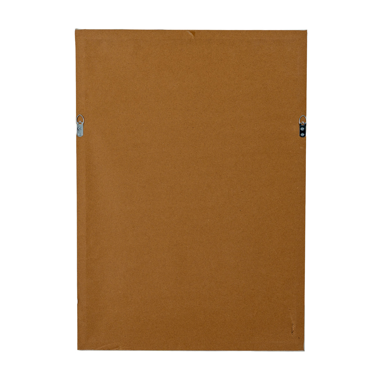 The back of a rectangular picture frame or display board, made of textured brown cardboard with two metal hanging clips, shown against a plain white background.